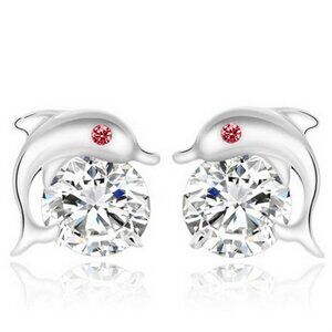 925 Silver Red Eye Dolphin Zircon Stud Earrings for Women, FB16FA1012
